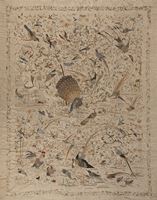 <b>A LARGE SILK BIRDS EMBROIDERY WITH PEACOCK, CRANE, PHEASANT ET AL.</b>