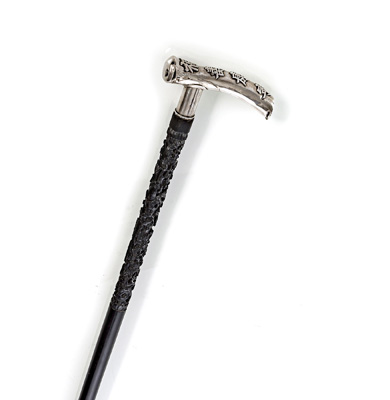 <b>A EBONY CARVED WALKING STICK WITH SILVER-HANDLE WITH AUSPICIOUS SYMBOLS</b>