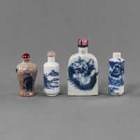 <b>FOUR UNTERGLAZE BLUE PORCELAIN SNUFF BOTTLES WITH FIGURAL DECORATION, INCLUDING A BOTTLE WITH CRACKLED GLAZE</b>