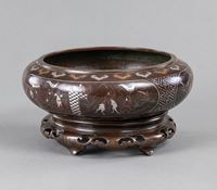 <b>A TWO-PART BRONZE CENSER WITH STAND AND INLAYS IN SILVER AND COLORED METAL</b>