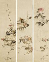 <b>THREE SILK EMBROIDERIES WITH ANTIQUES AND FLOWER ARRANGEMENTS</b>