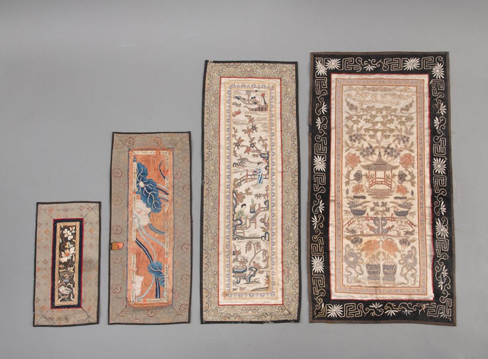 <b>FOUR SILK EMBROIDERIES WITH FIGURAL AND FLOWER DECORATION</b>