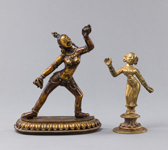 <b>Bronze einer Dakini auf Lotossockel und Bronze einer stehenden Tara</b>