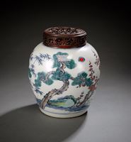 <b>A DOUCAI  'THREE WINTER FRIENDS' JAR WITH CARVED WOOD COVER</b>