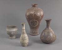 <b>THREE INLAID CERAMIC VASES AND A STEMCUP</b>