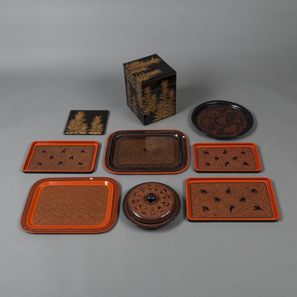 <b>A GROUP OF LACQUER WARES, E.G. A TIERED BOX AND VARIOUS TRAYS</b>