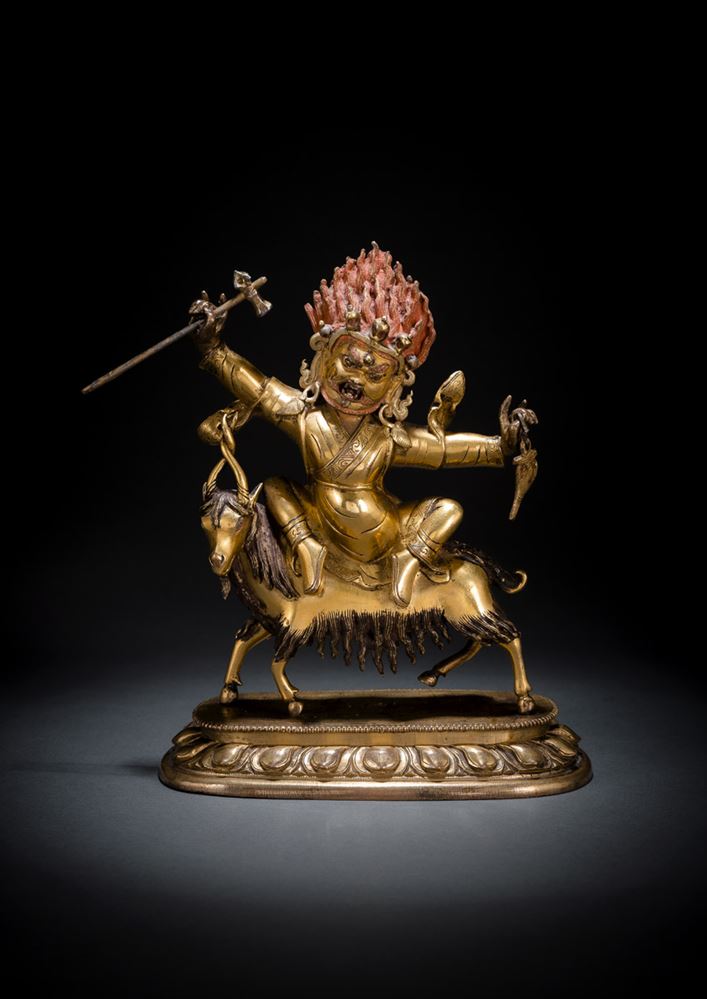 <b>AN EXCELLENT FIRE- GILT BRONZE OF DORJE LEGPA AS DAMCAN GARBA NAG PO - THE LORD OF THE FORGE</b>