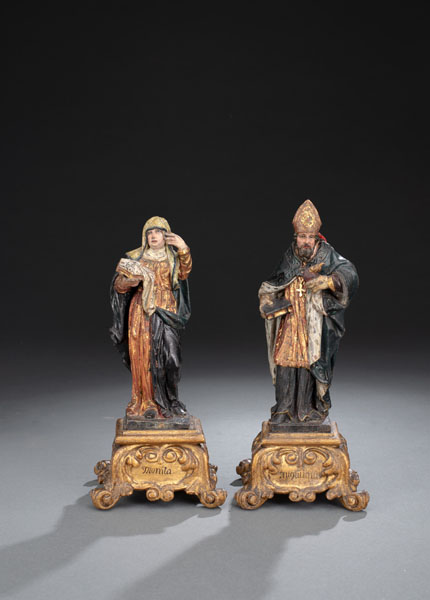 <b>A PAIR OF MINIATURE BAROQUE SCULPUTURES - ST. MONICA AND ST. AUGUSTINE</b>