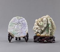 <b>TWO JADEITE CARVINGS OF SHOULAO WITH DEER AND CARPS WITH LOTUS</b>