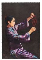 <b>PAINTING DEPICTING A CHINESE LADY IN TRADITIONAL DRESS, HOLDING A RED SILHOUETTE OF THE CHARACTER 