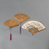 <b>TWO OPENWORK WOOD FANS AND ONE FAN WITH FIGURAL PAINTING</b>