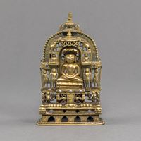 <b>AN INSCRIBED SILVER- AND COPPER-INLAID BRONZE JAIN SHRINE WITH SEPERATE CAST FIGURE OF PROBABLY PARSHVANATHA</b>