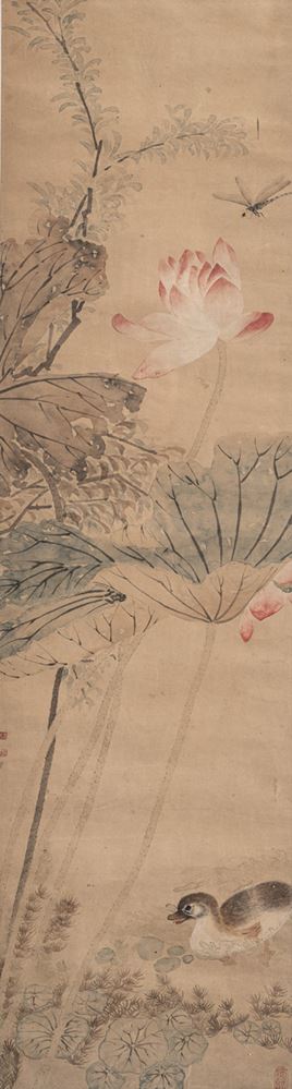 <b>TWO BIRD AND FLOWER PAINTINGS DEPICTING WISTERIA AND PEONY RESP. DUCK IN A LOTUS POND</b>