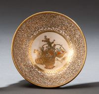 <b>A SMALL SATSUMA BOWL WITH BUTTERFLIES AND FLOWER BASKET</b>