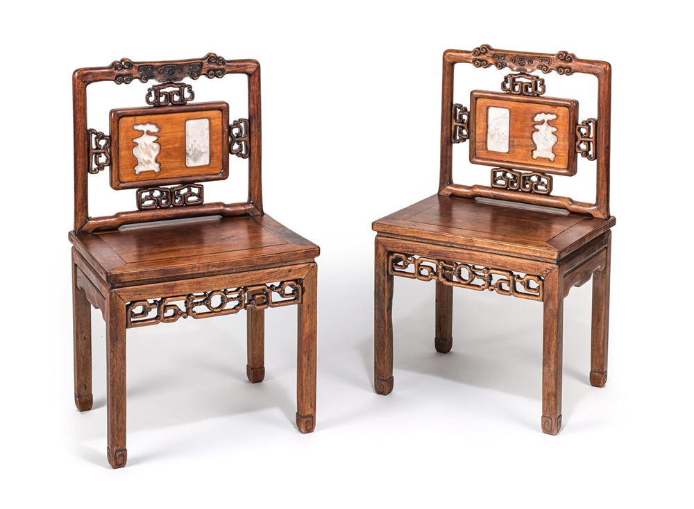 <b>A PAIR OF MARBLE-BACKED HUANGHUALI CHAIRS</b>