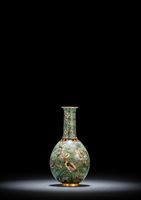 <b>A VERY RARE SMALL PART-GILT CLOISONNÉ ENAMEL BIRD AND FLOWER VASE ON A GREEN-TURQUOISE GROUND</b>