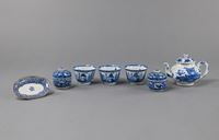 <b>LOT OF UNDERGLAZE BLUE PORCELAINS: A TEAPOT, A DISH, TWO LIDDED VESSELS, THREE CUPS</b>