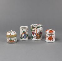<b>THREE BOXES AND COVERS AND A BRUSH POT, WITH FAMILLE ROSE FIGURAL DECORATION AND OTHERS</b>