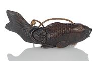 <b>A CARVED-WOOD KETTLE HOLDER  (JIZAI KAGI )  IN SHAPE OF A CARP</b>