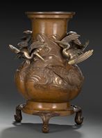 <b>A BRONZE VASE DECORATED WITH MINOGAME AND A PAIR OF CRANES</b>