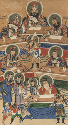 <b>A PAIR OF TEMPLE PAINTINGS WITH TRIBUNAL SCENES IN FRONT OF THE TEN KINGS OF HELL</b>