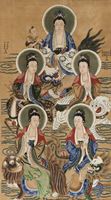 <b>A TEMPLE PAINTING DEPICTING FIVE BODHISATTVAS. HANGING SCROLL, INK AND COLORS ON PAPER</b>