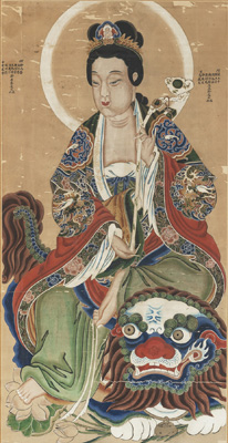 <b>A TEMPLE PAINTING WITH A PORTRAIT OF THE DEITY WENSHU HOLDING A RUYI SCEPTER AND RIDING ON A LION</b>