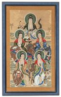 <b>A TEMPLE PAINTING WITH FIVE BODHISATTVA, EACH RIDING ON A MYTROLOSIC ANIMAL</b>