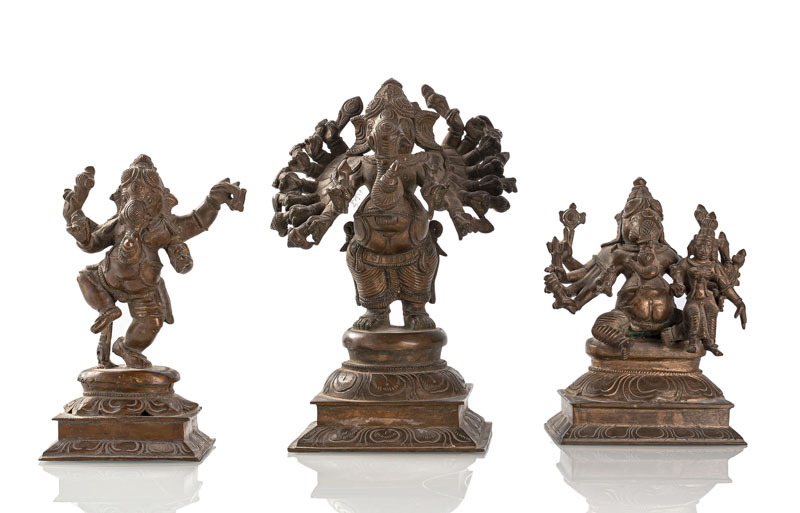 <b>Drei Bronzen mit unterschiedlichen Darstellungen des Ganesha</b>