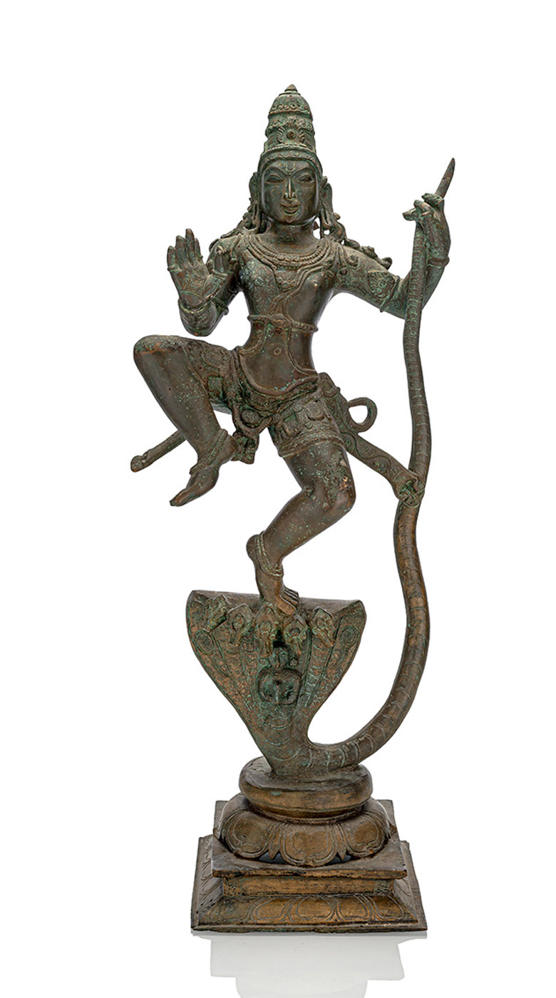 <b>A BRONZE FIGURE OF KRISHNA STANDING ON THE SNAKE DEMON</b>