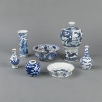 <b>FIVE BLUE AND WHITE PORCELAIN VASES AND TWO BOWLS WITH DRAGONS AND FIGURES</b>