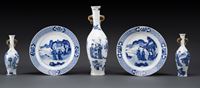 <b>THREE BLUE AND WHITE VASES; TWO DISHES AND A FAMILLE ROSE BOWL</b>