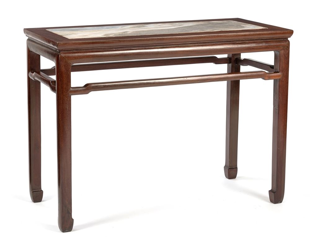 <b>A RECTANGULAR DARK WOOD TABLE WITH MARBLE TOP</b>