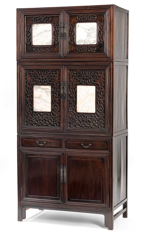 <b>A THREE-PART CARVED HONGMU CABINET WITH INLAID MARBLE PANELS</b>