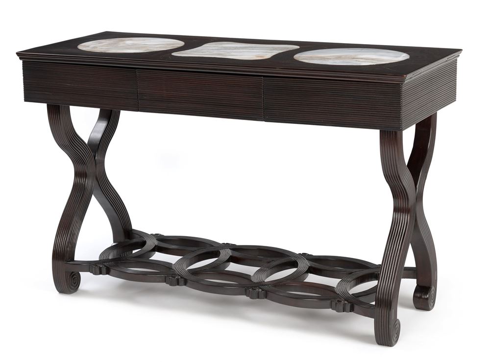 <b>A DARK WOOD TABLE WITH MARBLE TOPS AND CROSS-SHAPED LEGS</b>