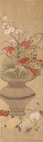 <b>STYLE OF YUN BING (ACTIVE 18TH CT.) - A PAINTING OF A FRUIT AND FLOWER BASKET, MOUNTED AS A HANGING SCROLL</b>