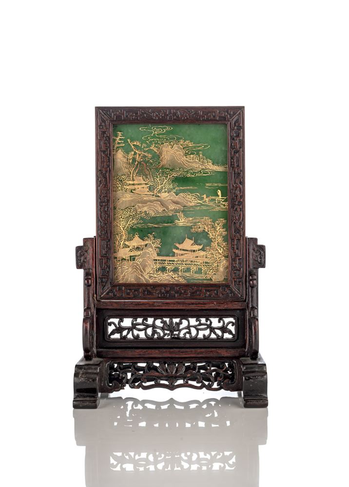 <b>A TABLE SCREEN WITH A GOLD-PAINTED RIVER LANDSCAPE AND PARADISE FLYCATCHER JADE PANEL</b>