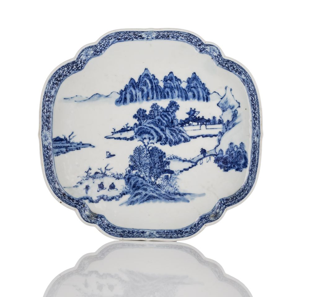 <b>A BLUE AND WHITE SCHOLARS IN A RIVER LANDSCAPE PORCELAIN DISH</b>