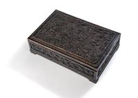<b>A CARVED DRAGON RELIEF LIDDED WOOD BOX; DECORATED INSIDE THE COVER</b>