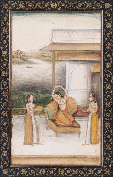 <b>A FINE MUHAL PAINTING WITH TWO FEMALE MUSICIANS AND A DANCER, FINELY DECORATED MARGINS</b>