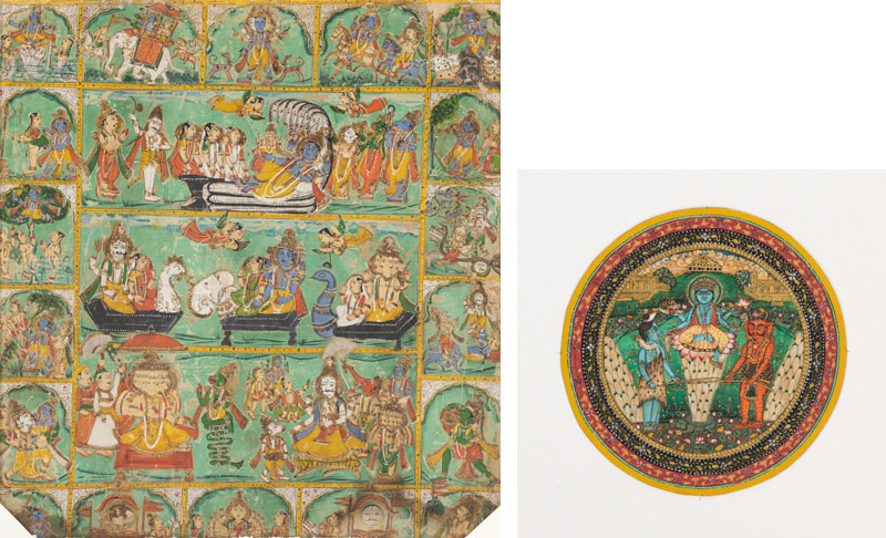 <b>TWO POLYCHROME GOUACHE PAINTINGS, F:EX: WITH FIGURAL SCENES OF KRISHNA´S LIFE</b>