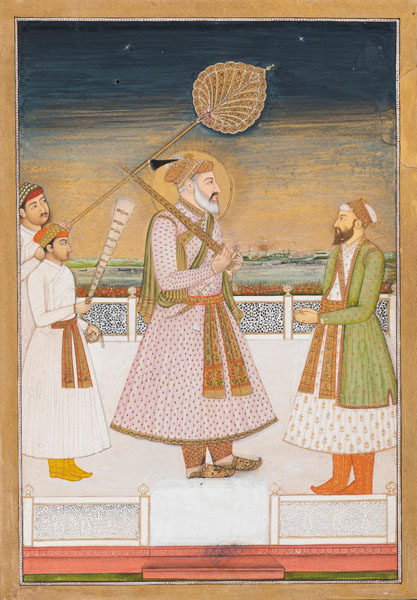 <b>A FINE PAINTING IN GOUACHE AND GOLD OF THE MUGHAL EMPEROR SHAH JAHAN, SIGNED ON THE BACK AND FRONT</b>