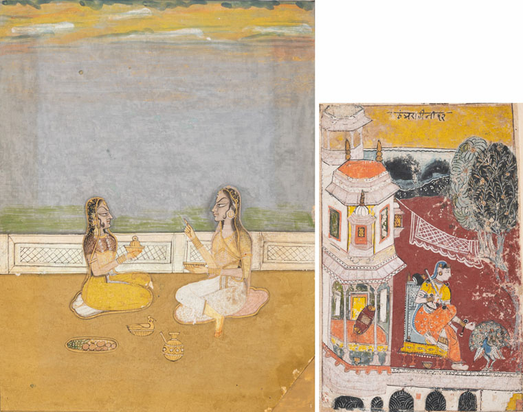 <b>TWO POLYCHROME PAINTED MINIATURE PAINTINGS WITH FIGURAL SCENES</b>