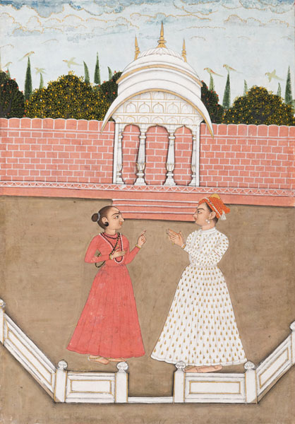 <b>A FINE MINIATURE PAINTING IN POLYCHROME GOUACHES AND GOLD DEPICTING A COUPLE IN A PLACE GARDEN</b>