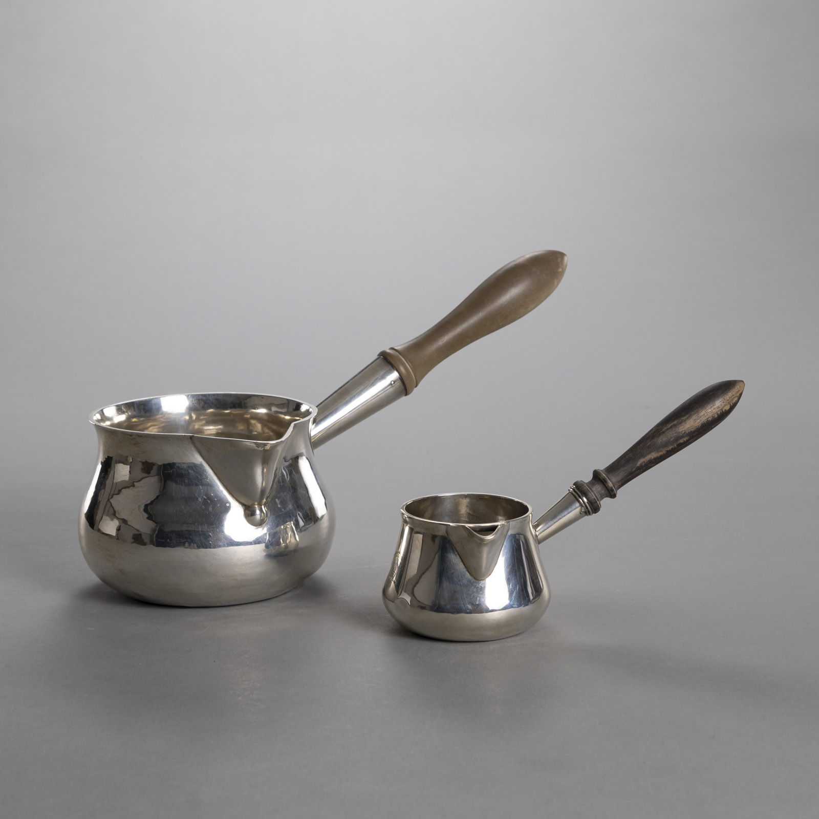 <b>TWO ENGLISH SILVER POTS WITH WOOD HANDLES</b>