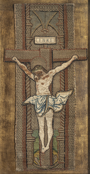 <b>A FRAGMENT OF AN SILK AND METAL THREAD EMBROIDERED AND APPLIQUE WORK ORPHREY WITH CHRIST ON THE CROSS</b>