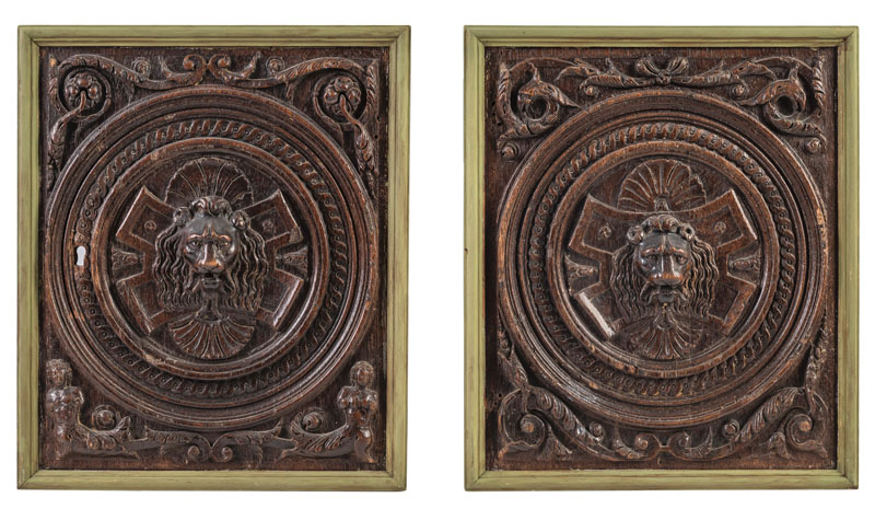 <b>TWO RELIEF CARVED OAKWOOD PANELS FROM A BAROQUE CABINET</b>
