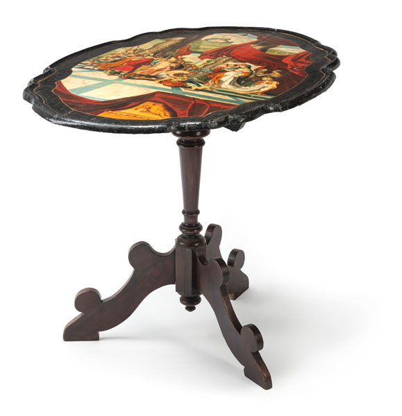 <b>AN EBONIZED AND PAINTED OCCASIONAL TABLE  WITH BIBLICAL SCENE</b>