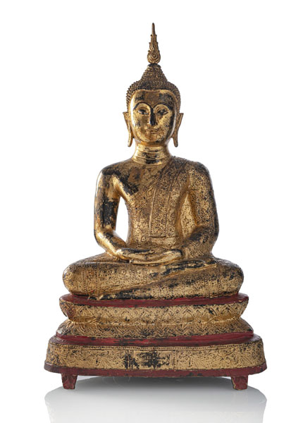 <b>Bronze des Buddha Shakyamuni mit roter und goldfarbener Lackfassung</b>