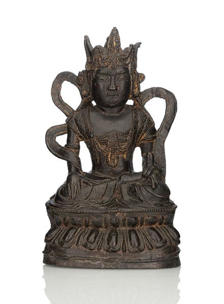 <b>A BRONZE FIGURE OF GUANYIN WITH REMNANTS OF GILDING</b>